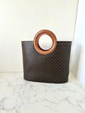 CELINE rare large leather ring coffee color old flower tote bag / handbag