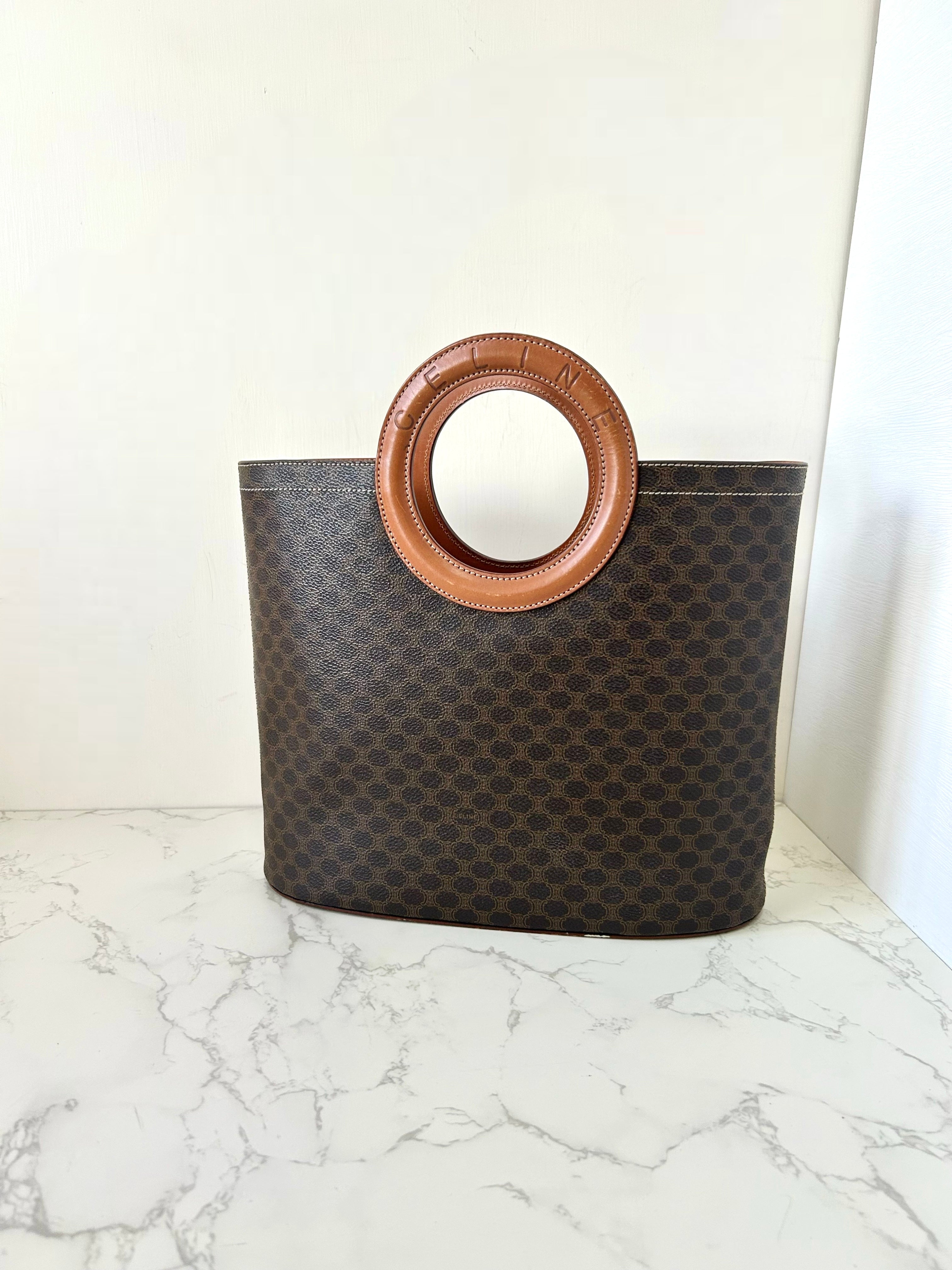 CELINE rare large leather ring coffee color old flower tote bag / handbag