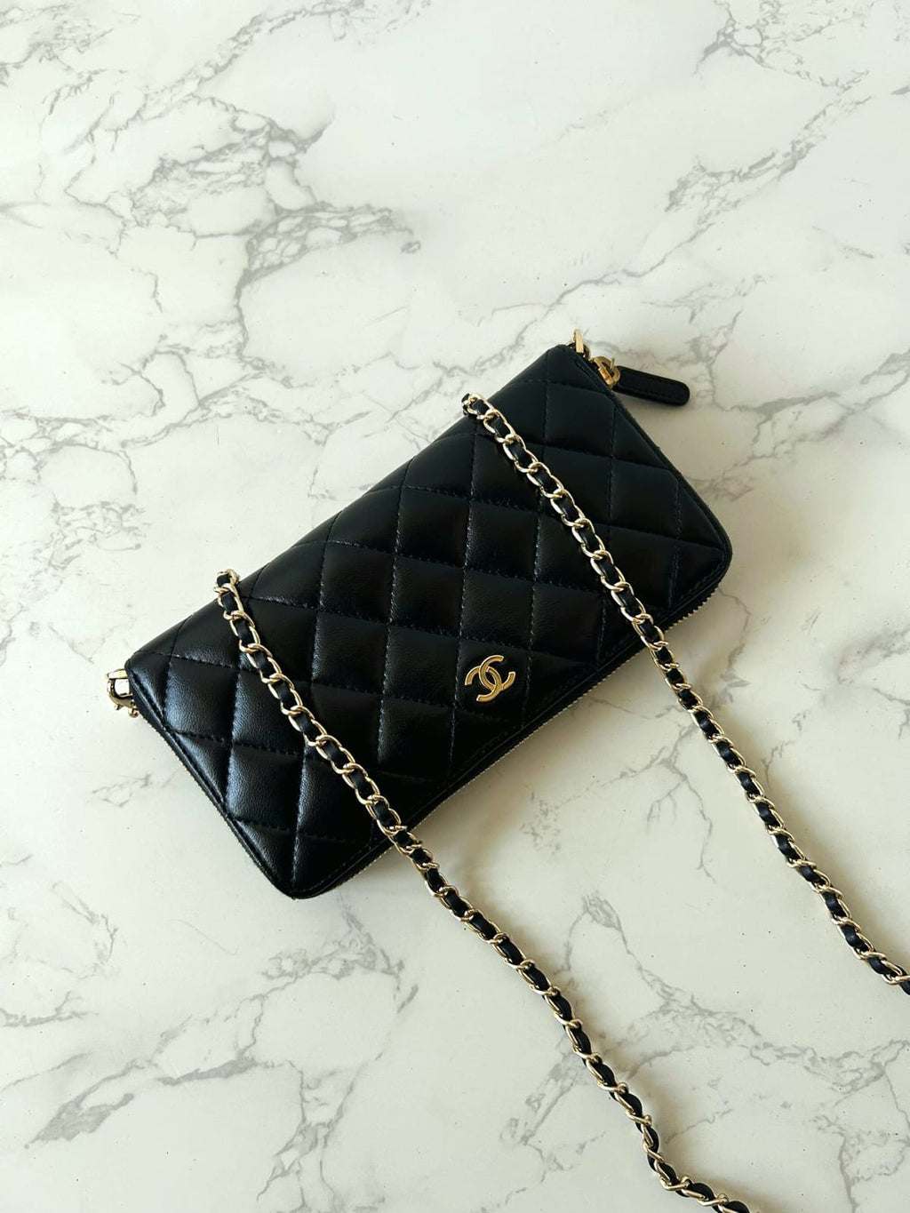 CHANEL black and gold lambskin WOC/wallet/side bag/crossbody bag