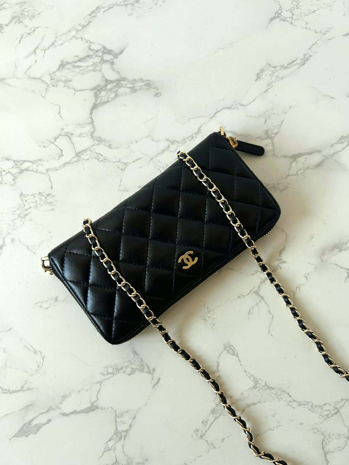 CHANEL black and gold lambskin WOC/wallet/side bag/crossbody bag