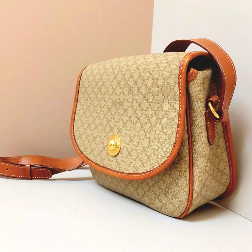 CELINE Rare Planet Beige Old Flower Leather Tofu Small Bag/Side Bag/Short Crossbody Bag - Japanese Second-hand Vintage
