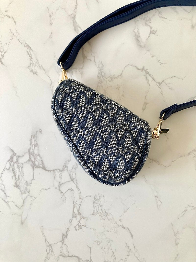 CHRISTIAN DIOR 深藍灰色老花金扣馬鞍小包/單肩包/側背包/斜背包