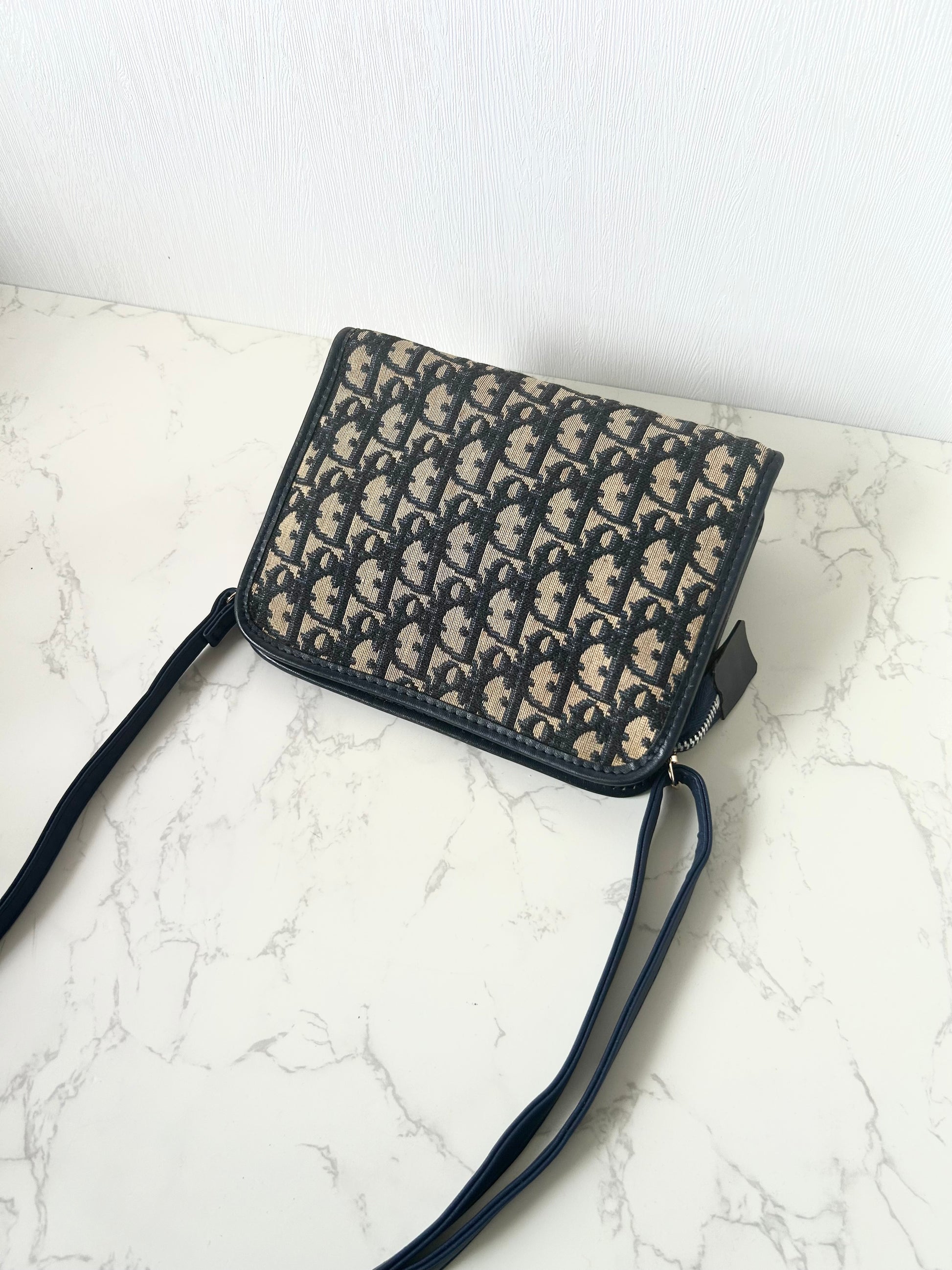 CHRISTIAN DIOR dark blue and black monogram shoulder bag / side bag / oblique bag