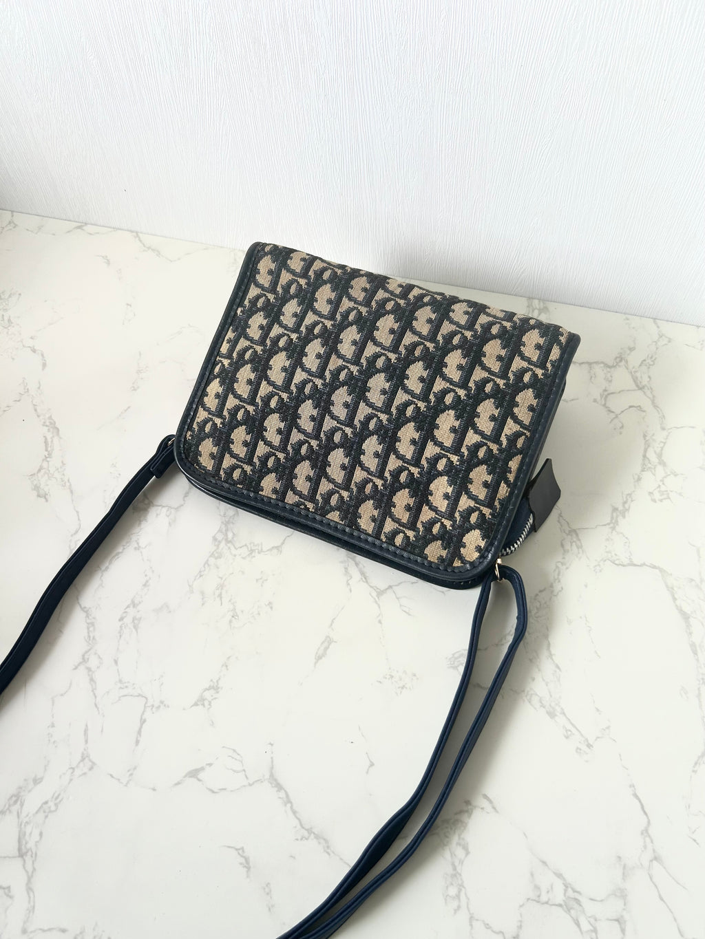 CHRISTIAN DIOR dark blue and black monogram shoulder bag / side bag / oblique bag