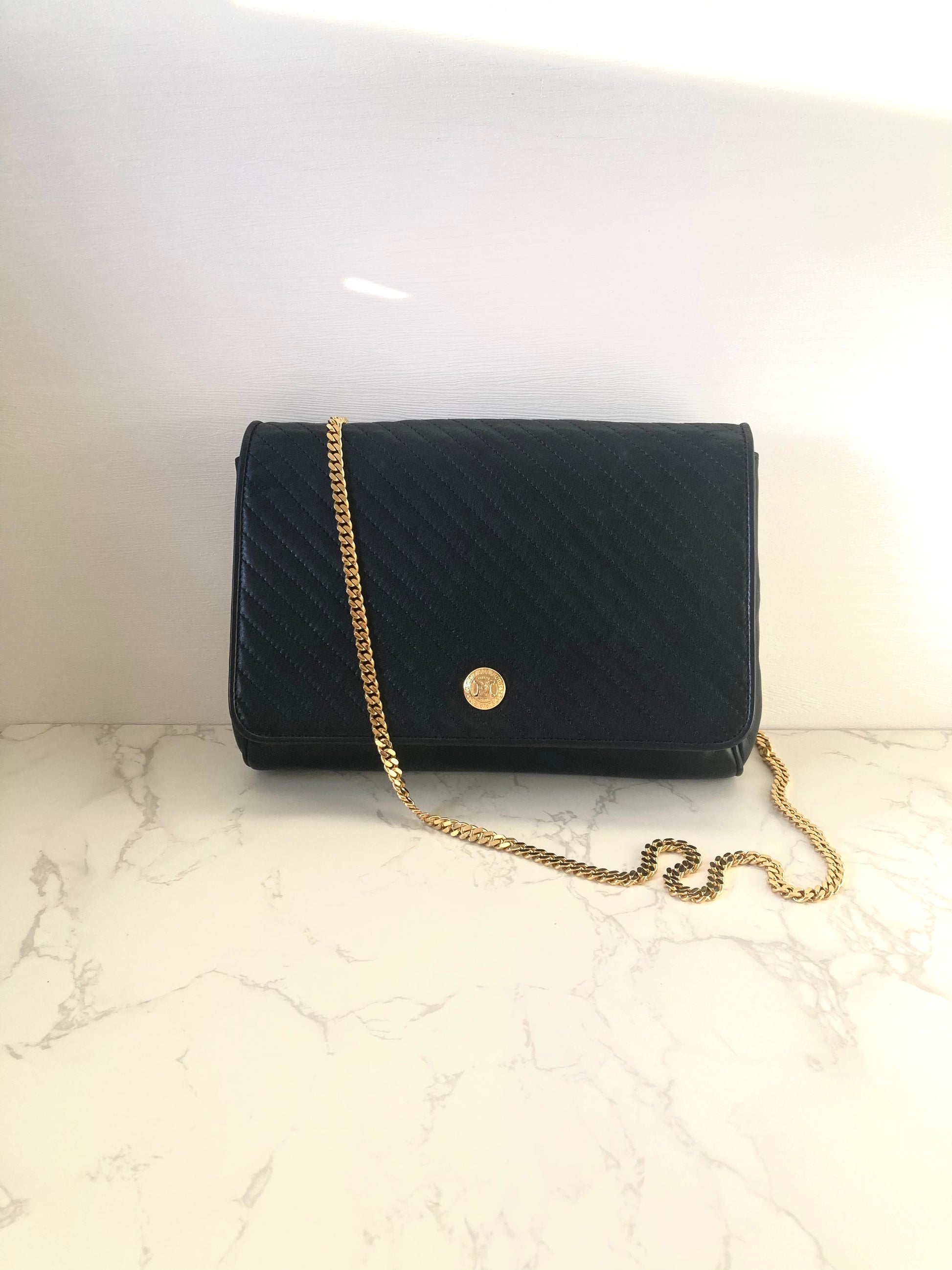 CELINE Rare Triomphe Gold Coin Black Leather Chain Crossbody Bag