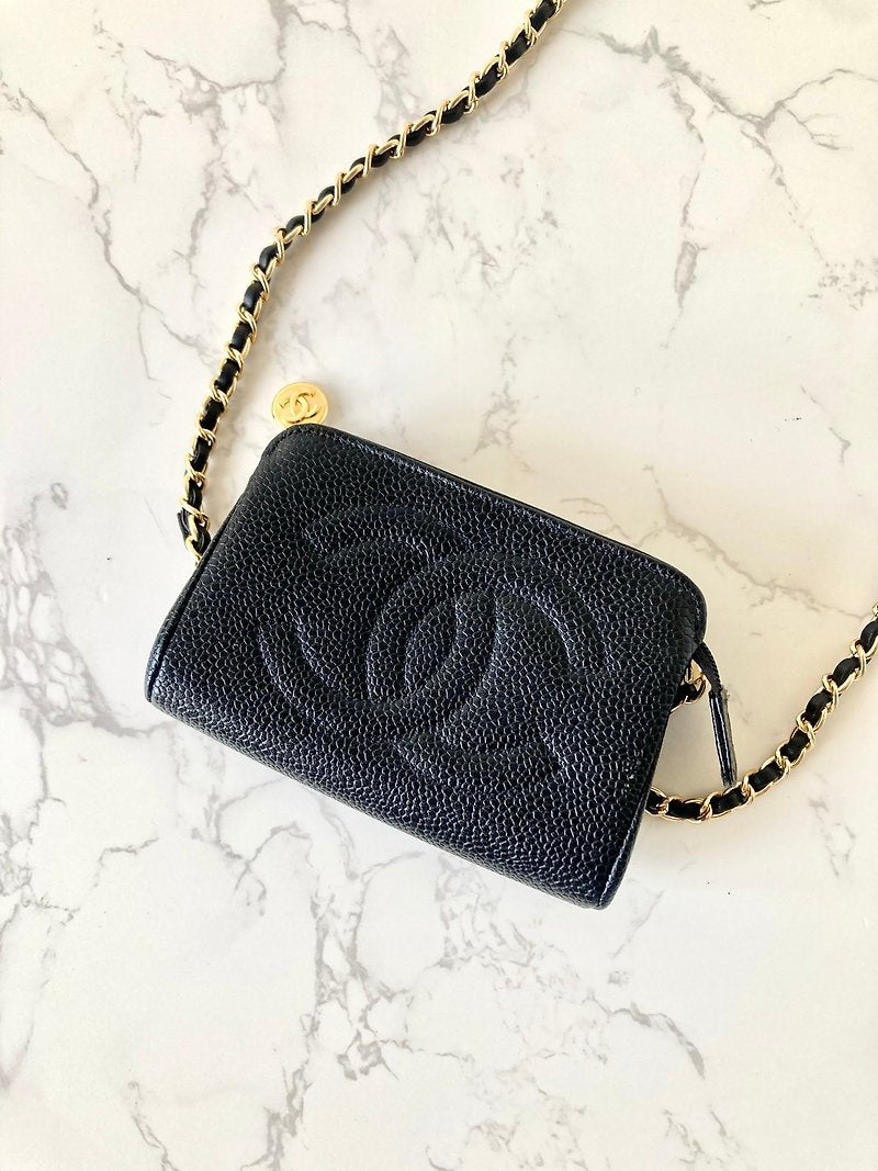 CHANEL Rare Black Caviar Leather Chain Small Bag/Side Bag/Messenger Bag/Clutch Bag