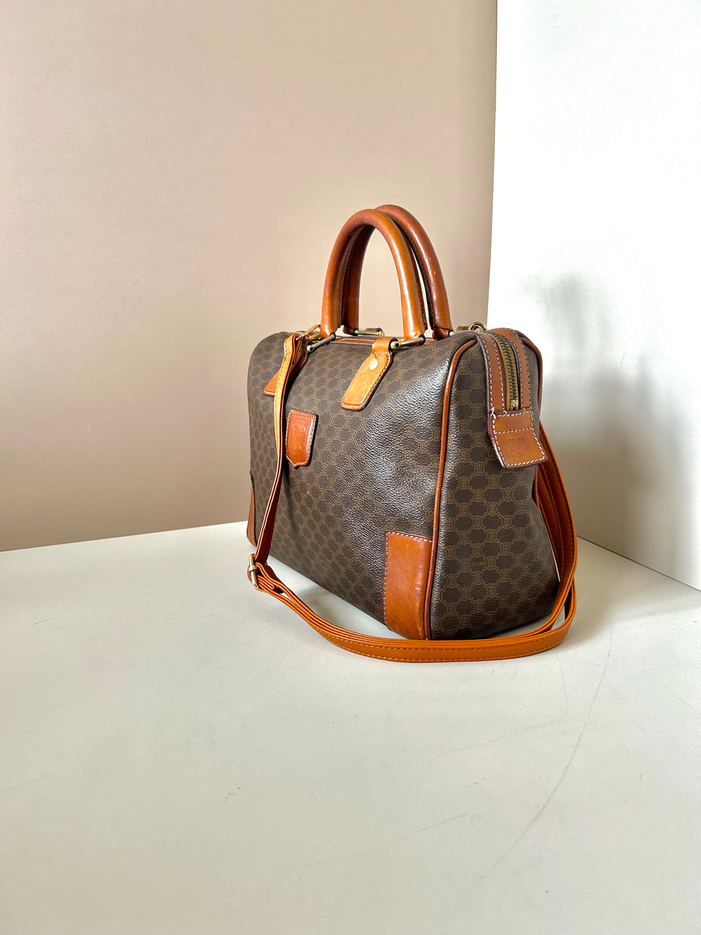 CELINE brown old flower leather Boston bucket bag/handbag/side bag/crossbody bag