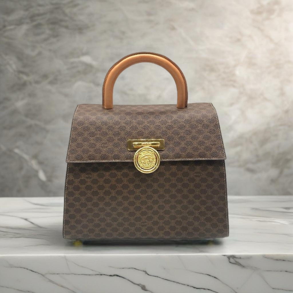 CELINE rare coffee-colored old flower planet gold coin Kelly leather flap handbag