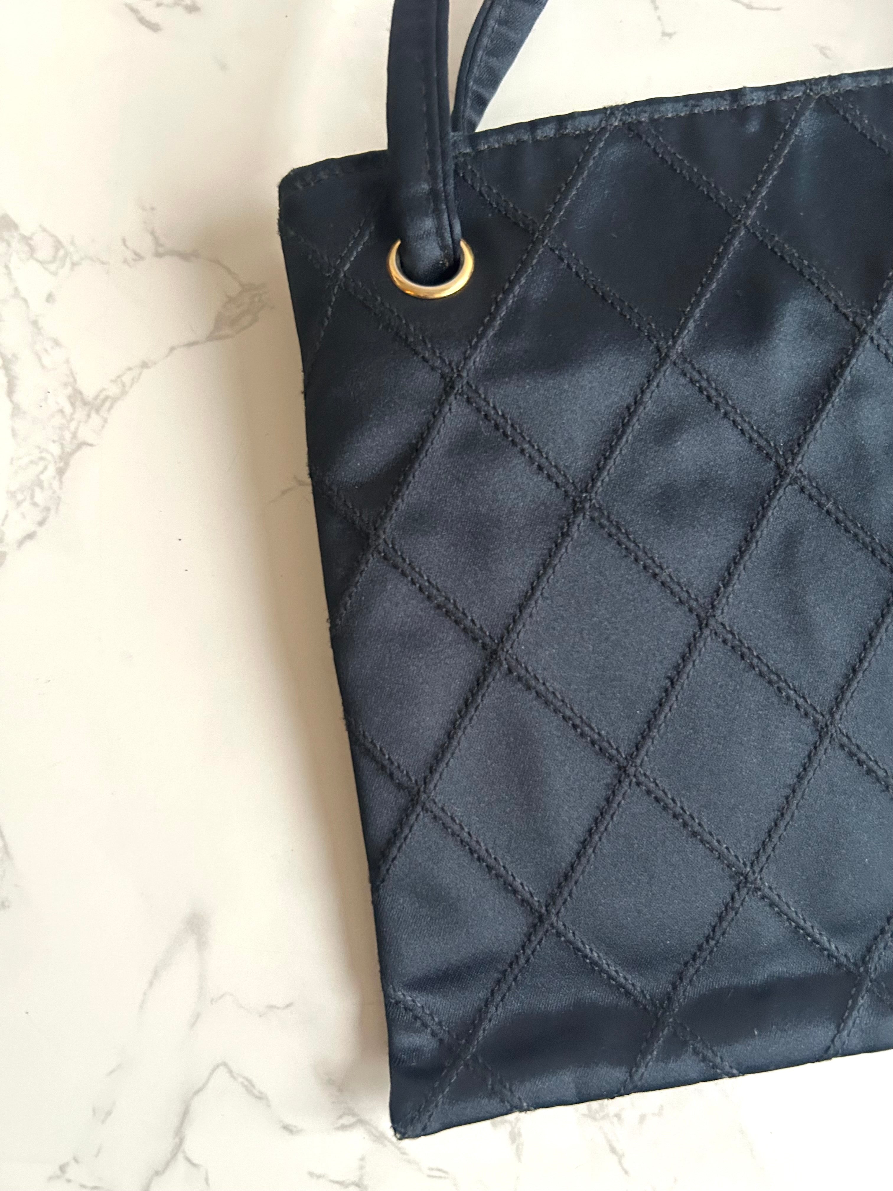 Rare Chanel Vintage Silk Rhinestone Black Matelassé Tote Bag