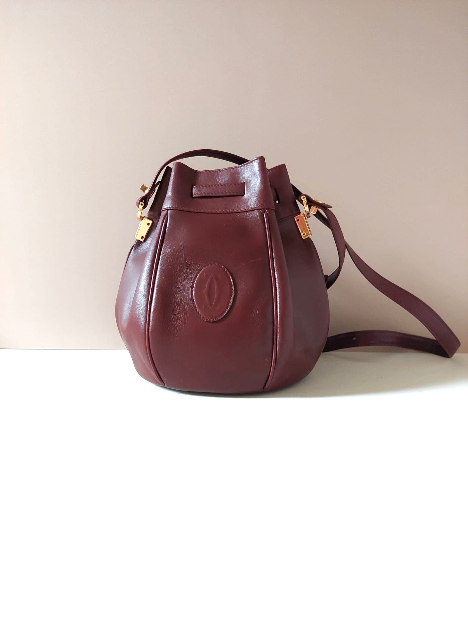 CARTIER Must De Cartier Rare Burgundy Small Bucket Drawstring Bag/Side Bag/Messenger Bag