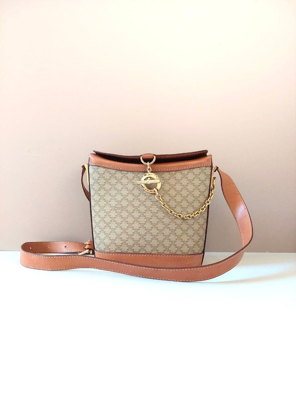 CELINE rare beige brown old flower golden ring potato chips small bag/side bag/oblique bag