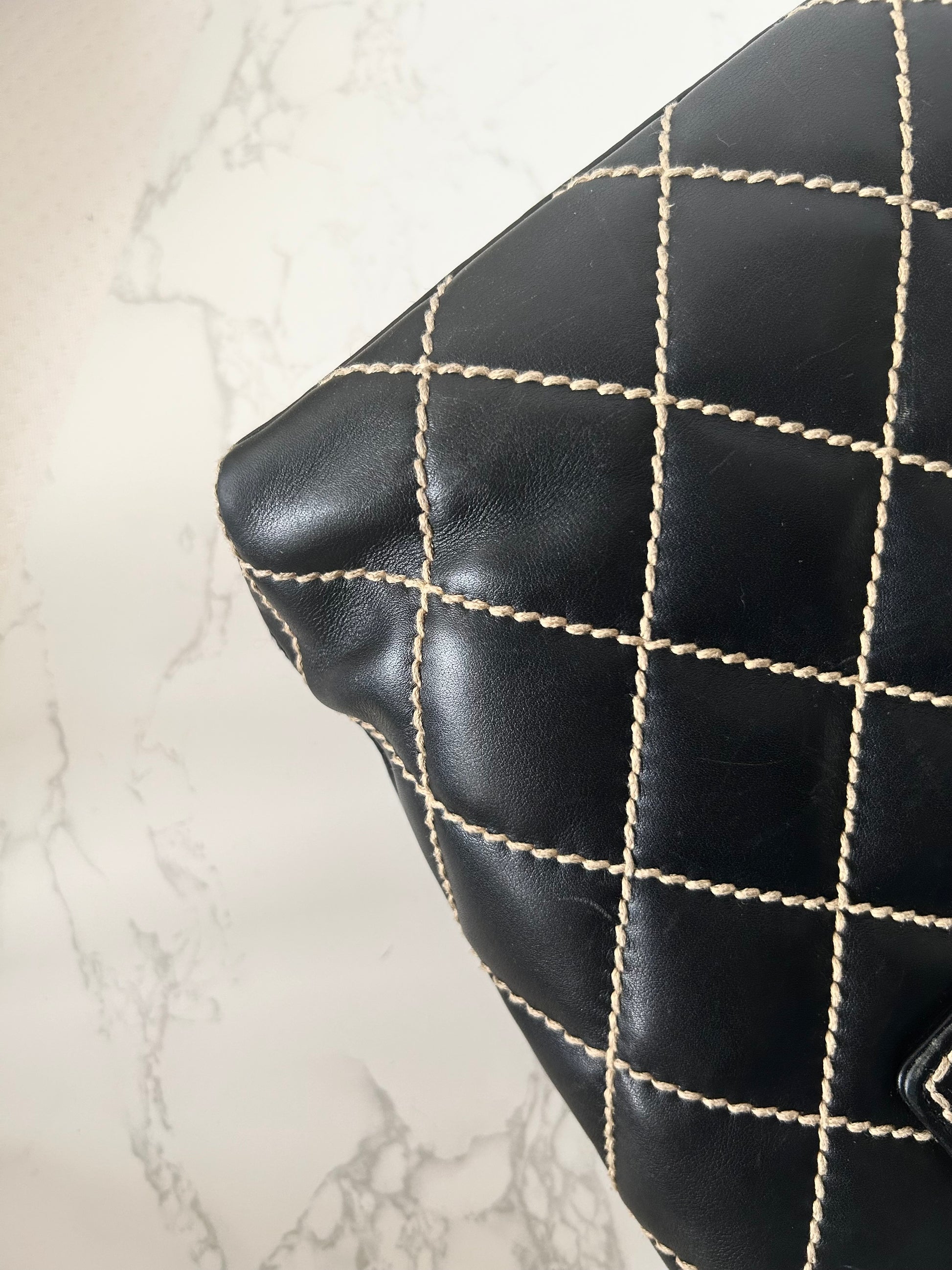 CHANEL Wild Stitch Vivian black gold label small tote bag / side bag
