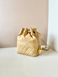 CHANEL rare beige lambskin double gold ball drawstring small bucket / side bag