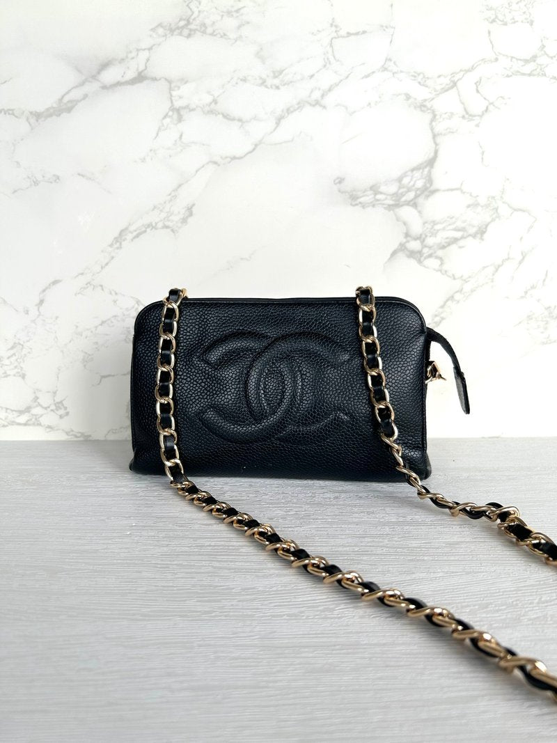 CHANEL Rare Black Caviar Leather Chain Small Bag/Side Bag/Messenger Bag/Clutch Bag