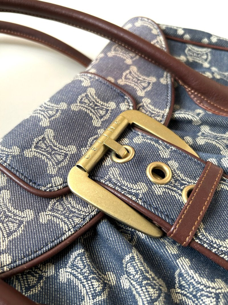 CELINE rare denim blue Arc de Triomphe old flower leather bag / side backpack / underarm bag