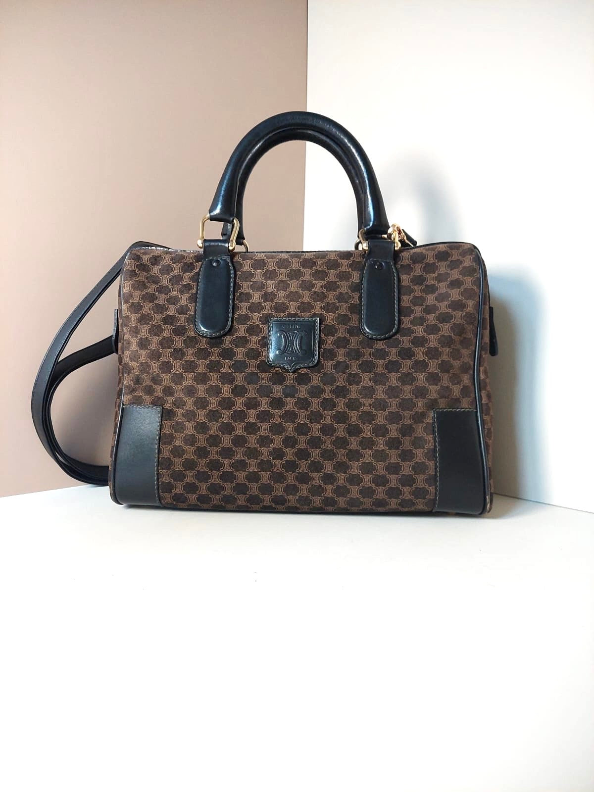CELINE rare coffee color old flower leather Boston crossbody bag / side bag / handbag