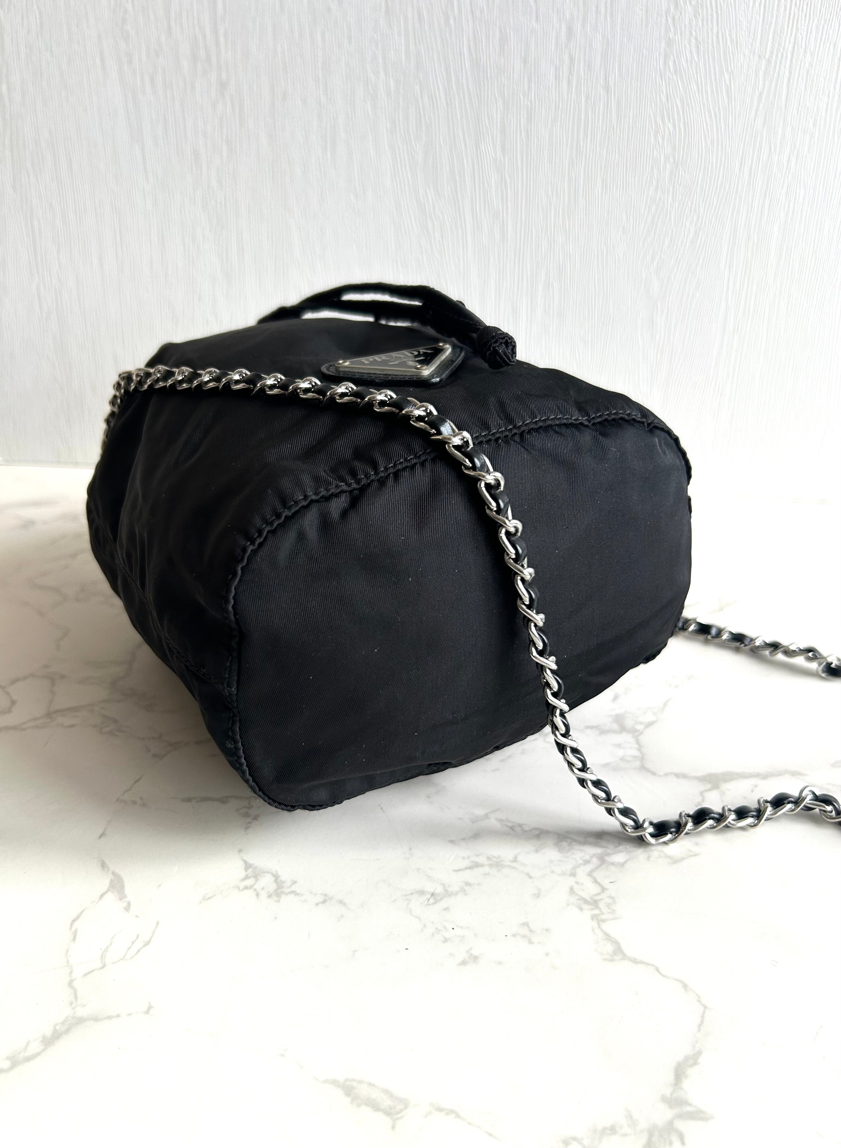 Used Prada Black and Silver Chain Mini Bucket Bag, Shoulder Bag, Crossbody Bag