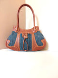 CELINE rare denim blue old flower leather small bag / side backpack / underarm bag