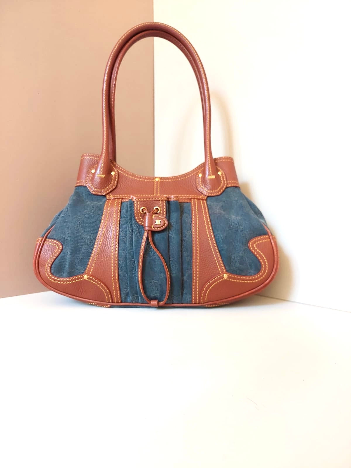 CELINE rare denim blue old flower leather small bag / side backpack / underarm bag