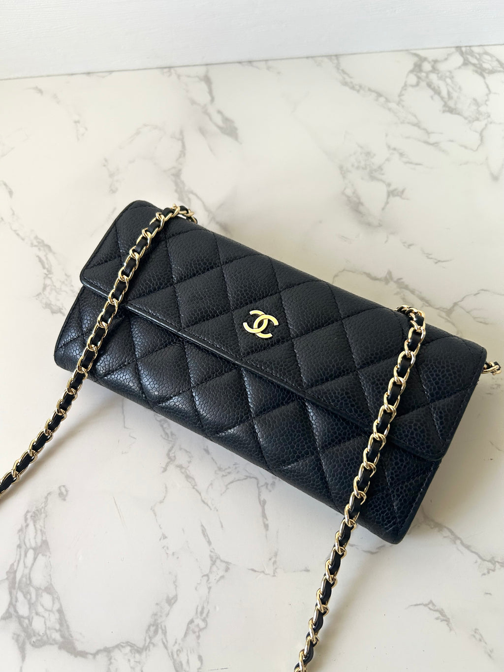 CHANEL Black Gold Caviar Leather WOC Side Bag/Messenger Bag/Long Wallet