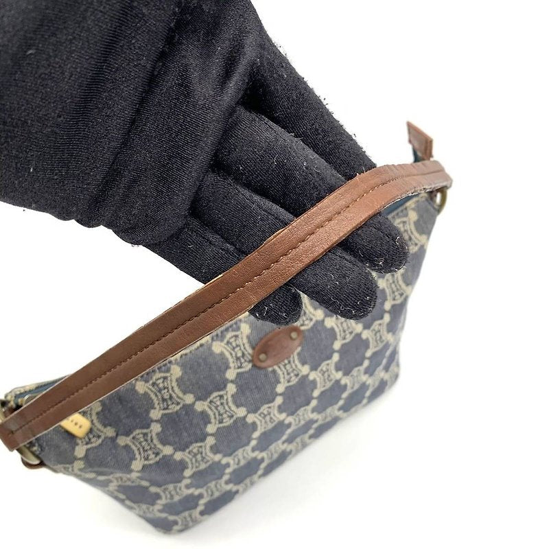 CELINE rare denim blue Arc de Triomphe old flower leather small bag / side backpack / underarm bag