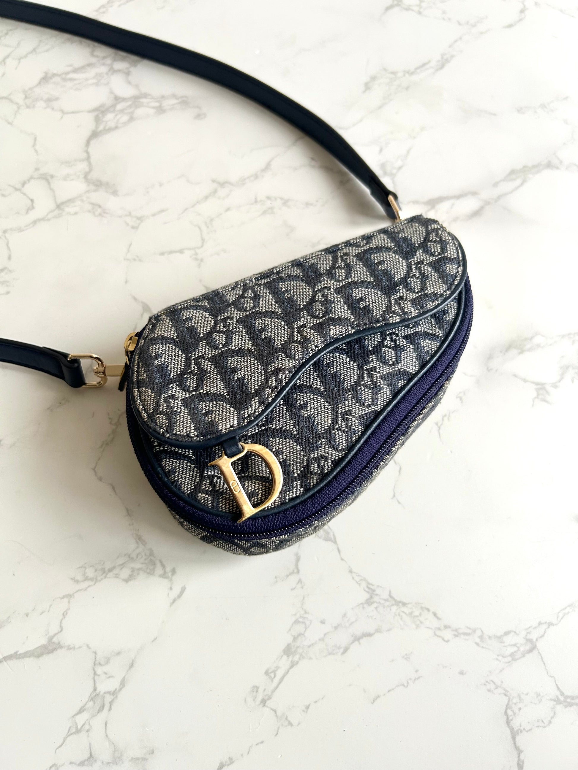 稀有中古Dior深藍老花馬鞍包 側背包 斜背包