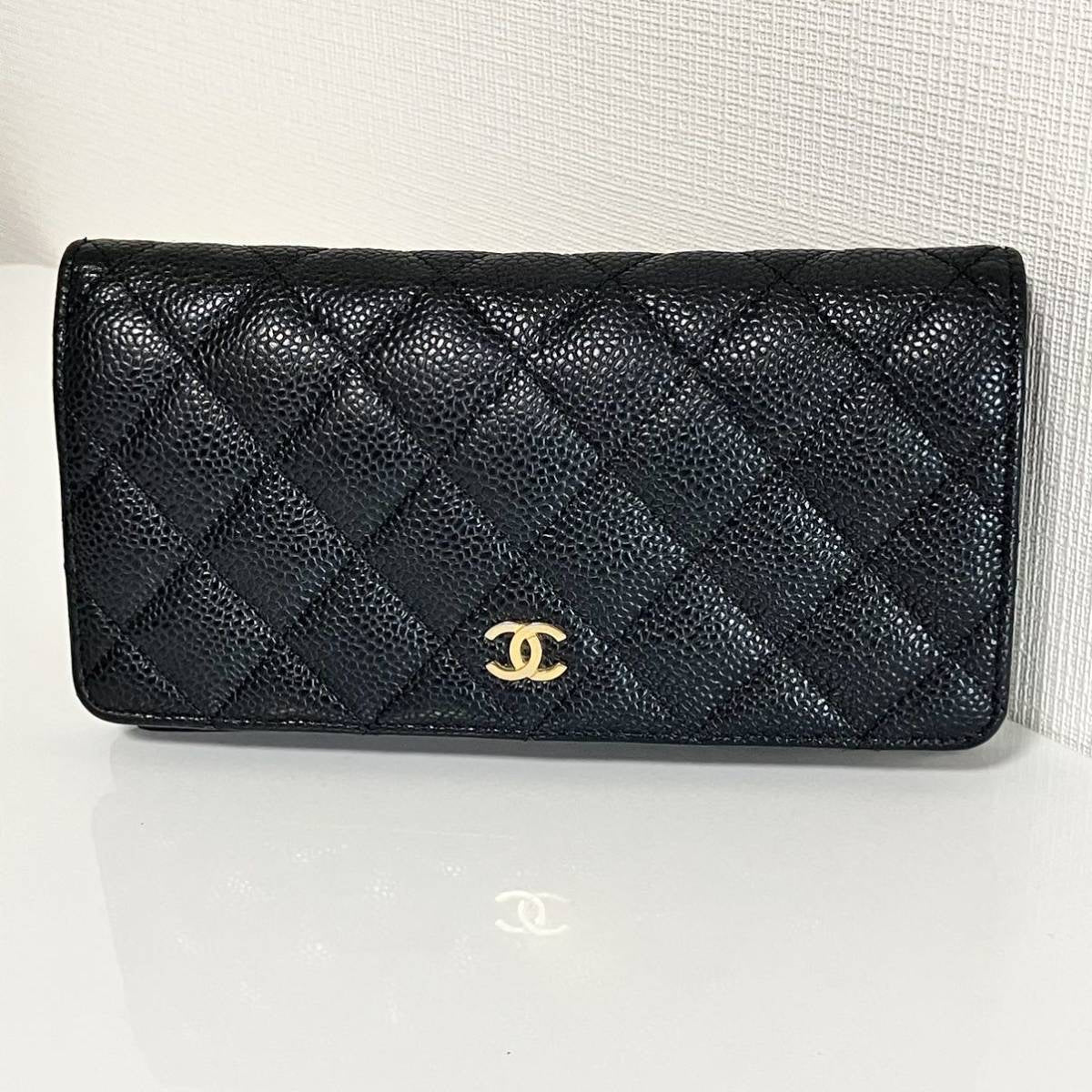 CHANEL Full Set Caviar Leather Black x Gold Long Bi-fold Wallet