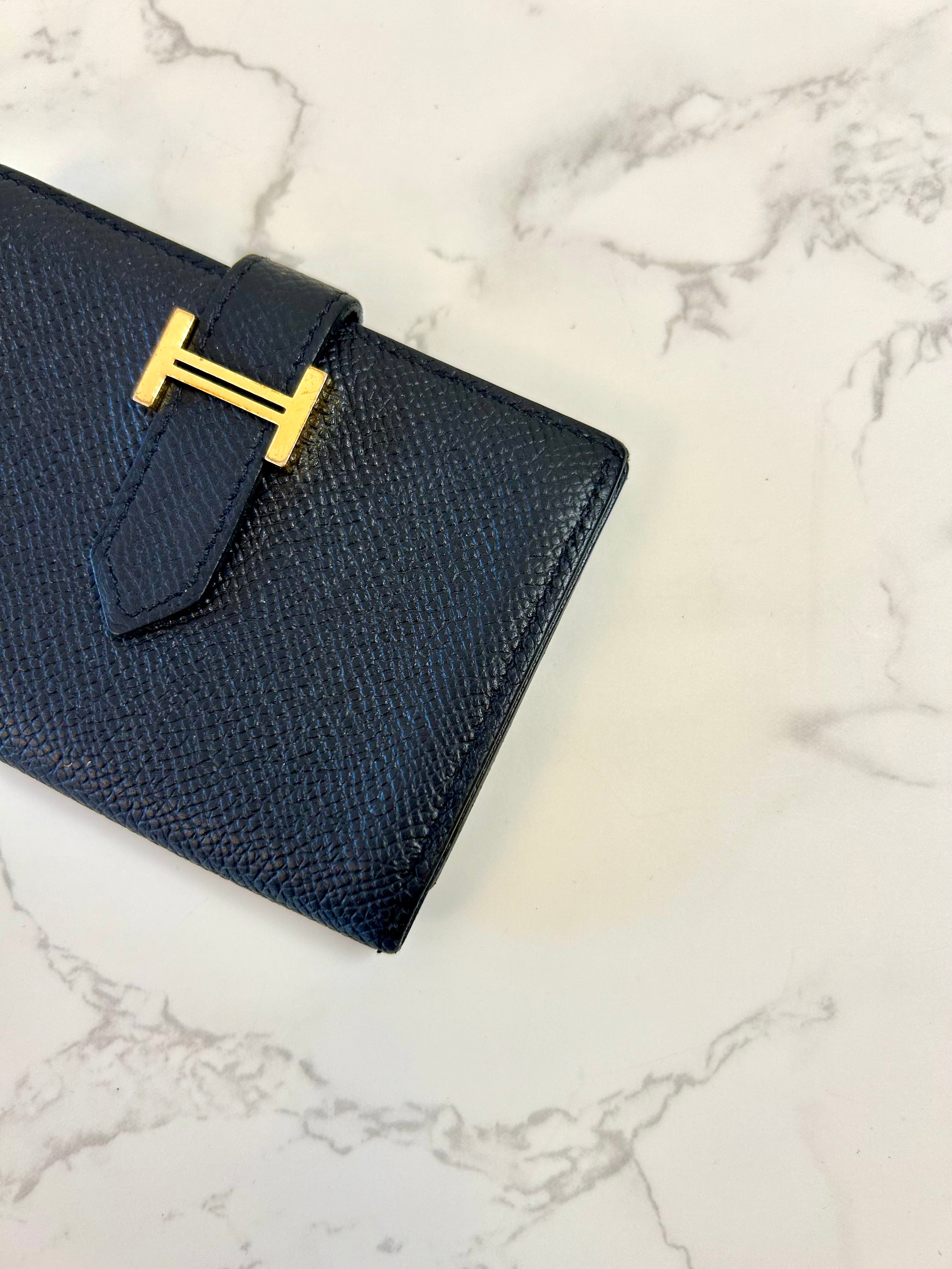 HERMES Bearn Black Gold Buckle Lambskin Leather Short Wallet/Card Case/Wallet/Wallet
