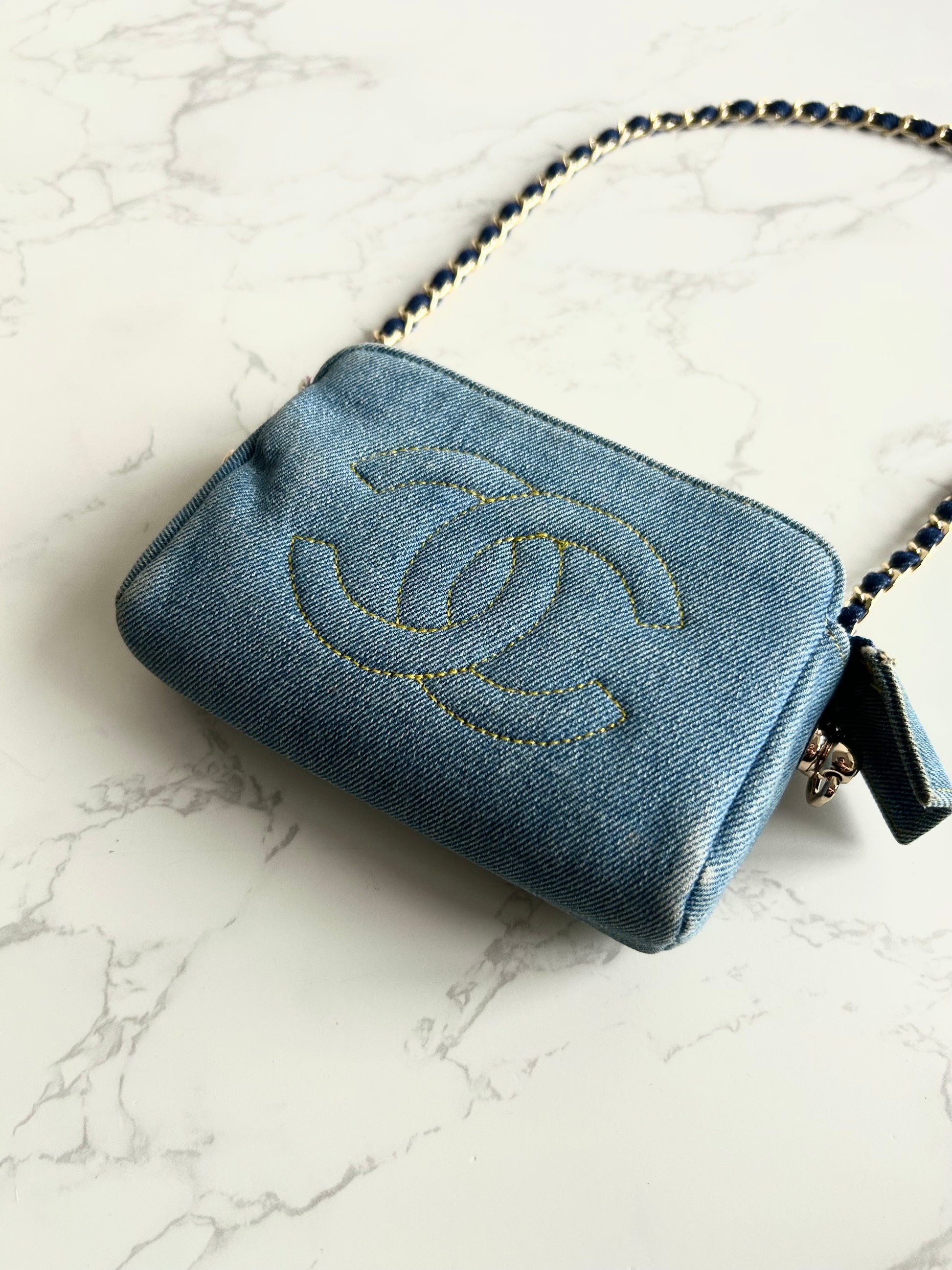 極稀有 中古Chanel牛仔藍明線包 側背包 斜背包