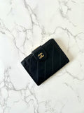CHANEL rare black lambskin leather large gold buckle gold label short wallet / wallet