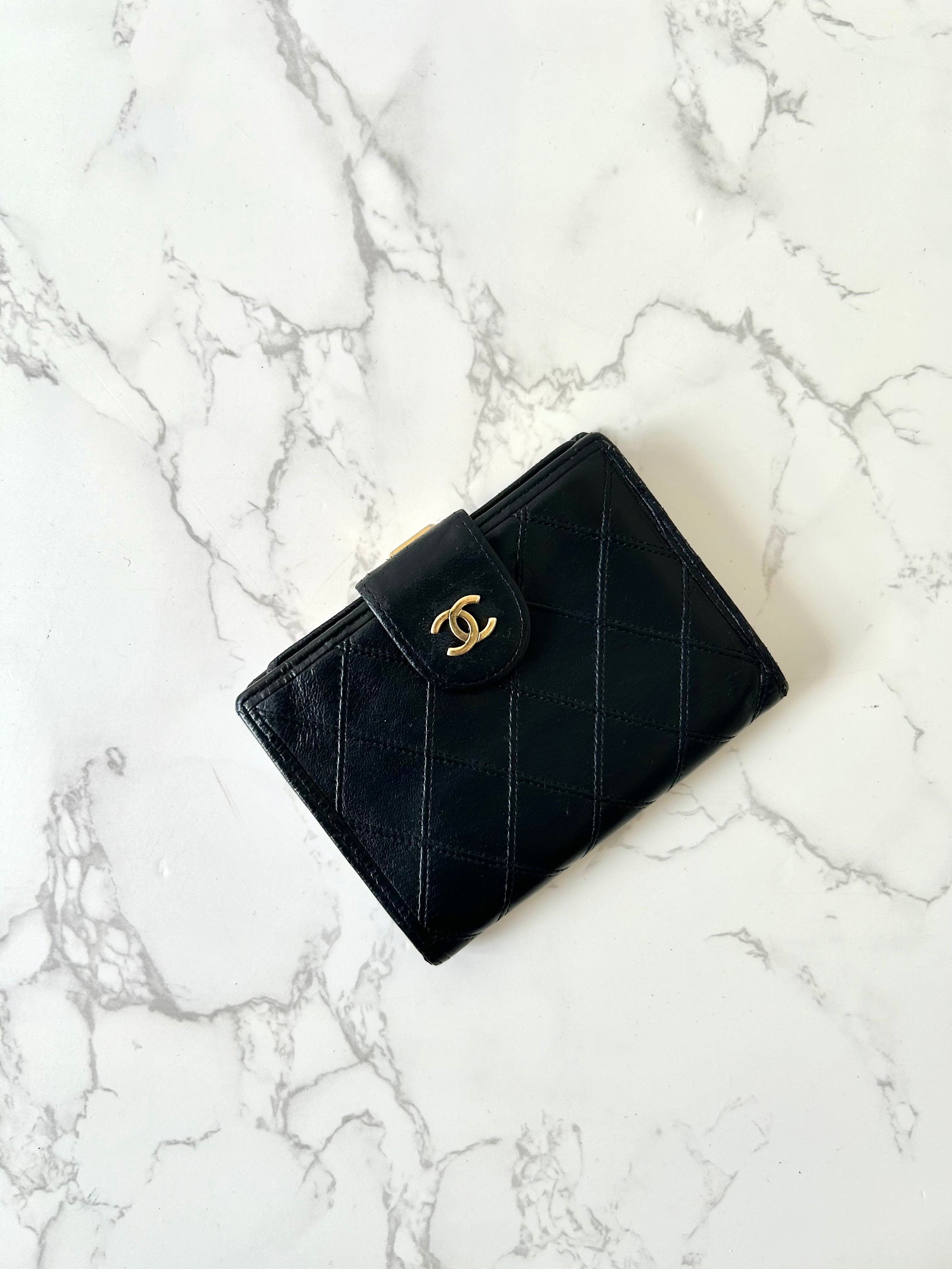 CHANEL rare black lambskin leather large gold buckle gold label short wallet / wallet