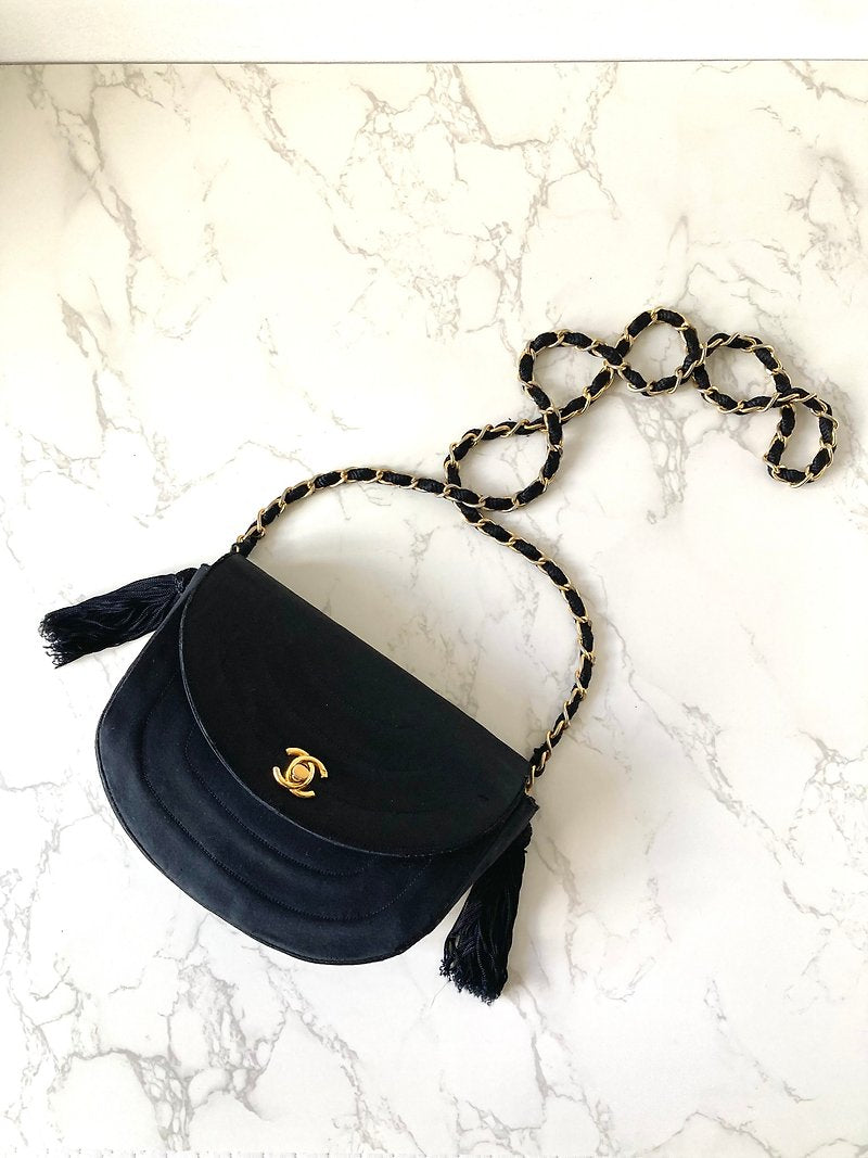 CHANEL Rare Black Silk Gold Rotating Clasp Half Moon Bag/Shoulder Bag/Crossbody Bag