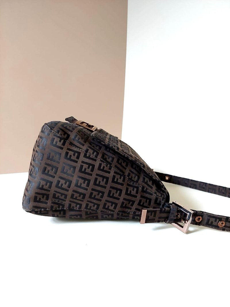 FENDI Zucchino Brown Zucca Rose Gold Buckle Large Baguette/Shoulder Bag