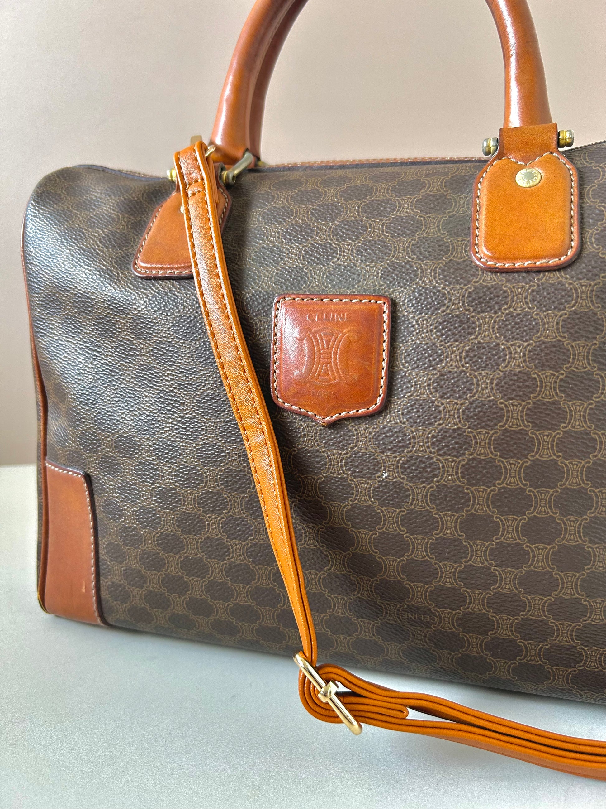 CELINE brown old flower leather Boston bucket bag/handbag/side bag/crossbody bag