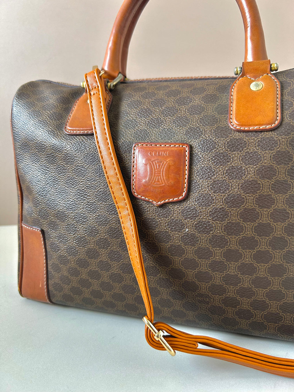 CELINE brown old flower leather Boston bucket bag/handbag/side bag/crossbody bag