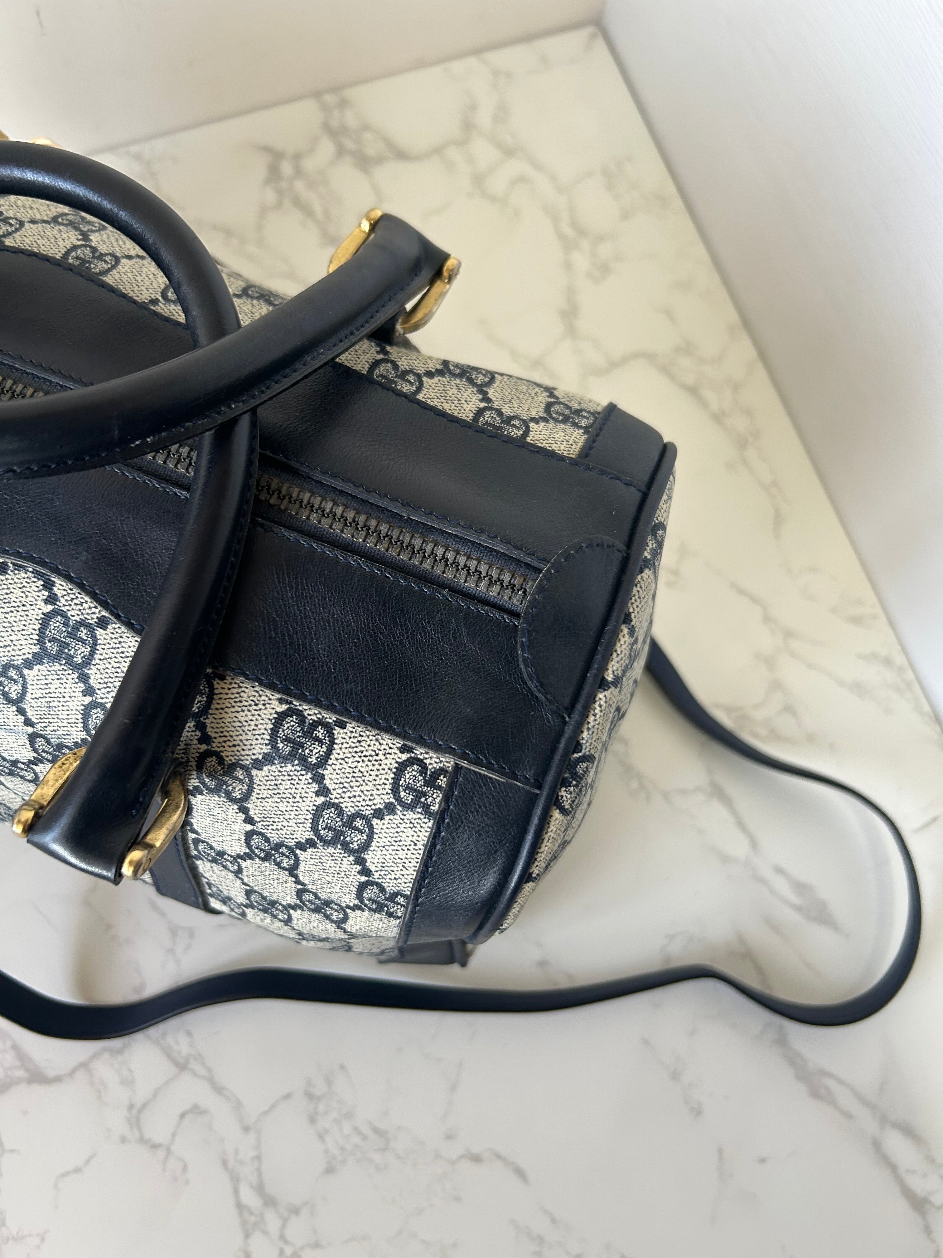 GUCCI rare blue and black old flower leather Boston bag / side bag / oblique bag