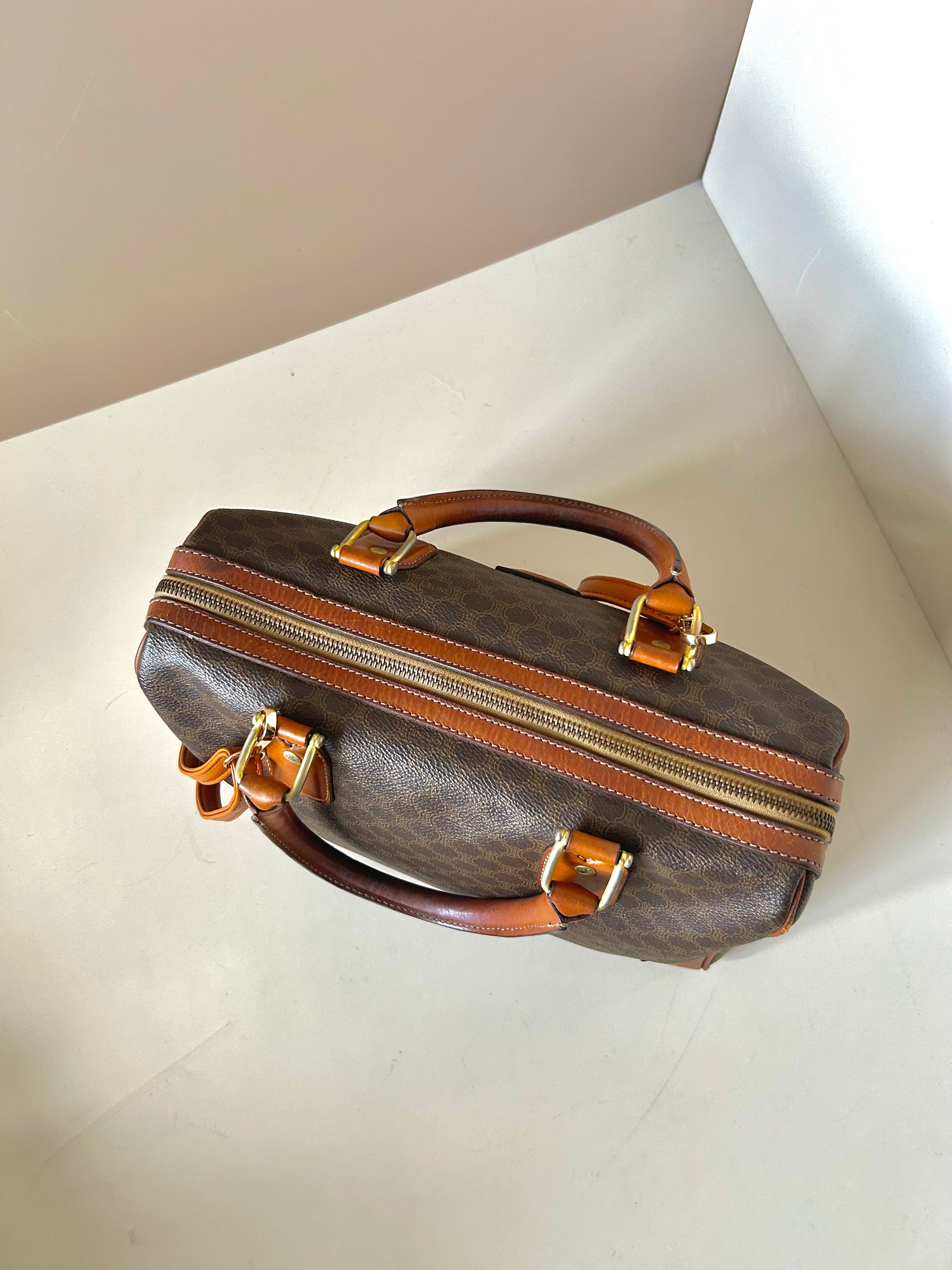 CELINE brown old flower leather Boston bucket bag/handbag/side bag/crossbody bag