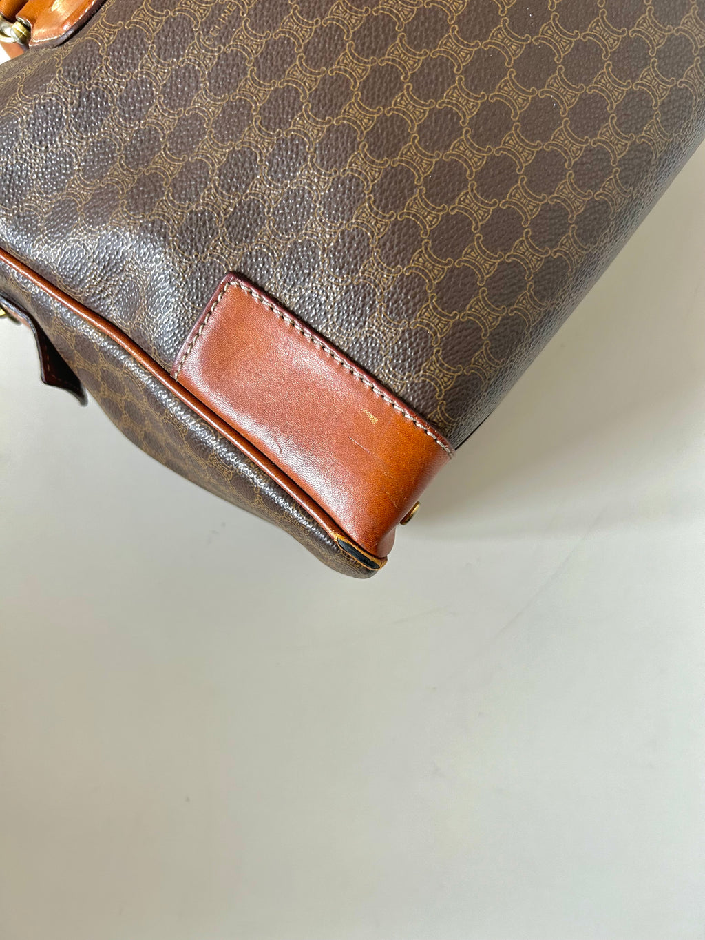 CELINE brown old flower leather Boston bucket bag/handbag/side bag/crossbody bag