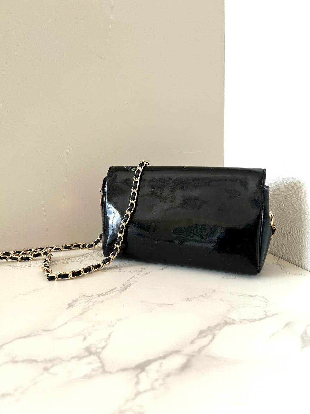 CHANEL Rare Black Patent Leather WOC with Mirror / Side Bag / Crossbody Bag
