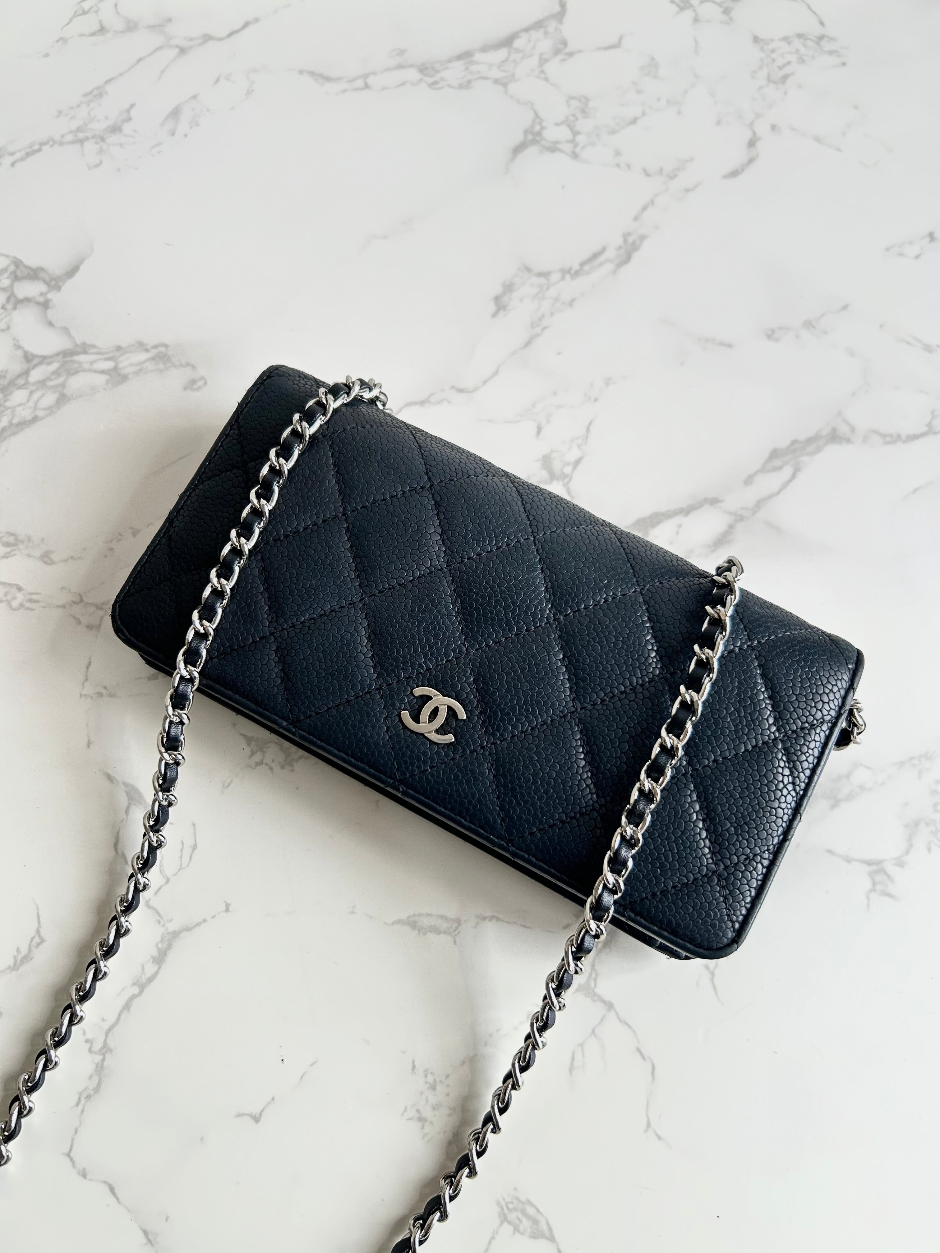 CHANEL black silver buckle caviar leather WOC long wallet / oblique bag / side bag
