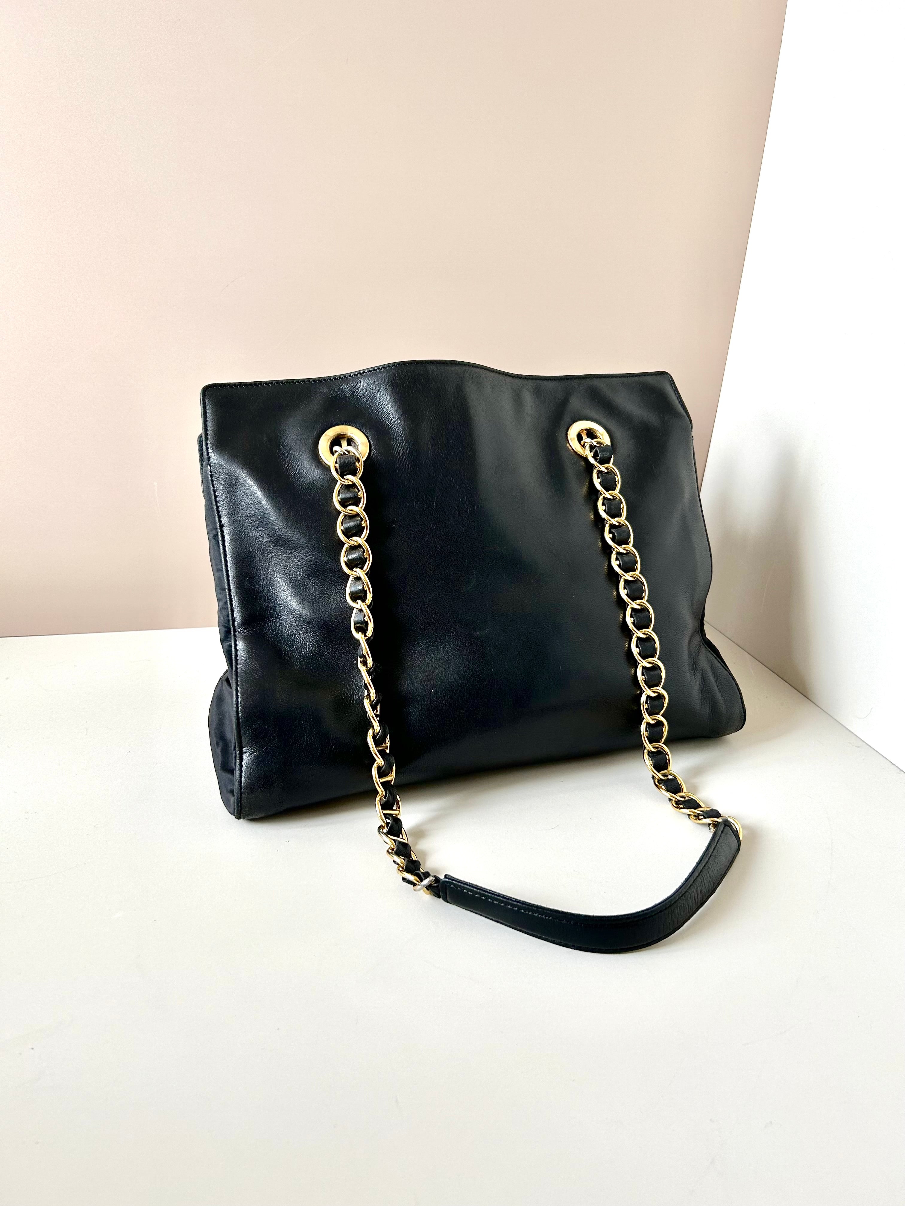 PRADA rare black engraved gold chain tote shoulder bag / side bag
