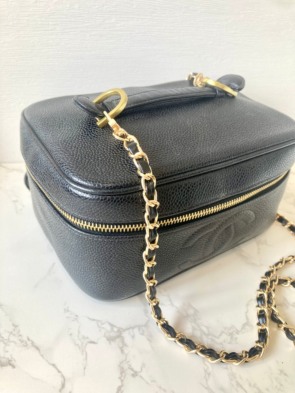 CHANEL Black Caviar Leather Vanity Case / Crossbody Chain Bag