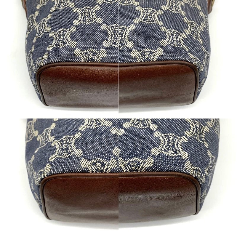 CELINE rare denim blue Arc de Triomphe old flower leather small bag / side backpack / underarm bag