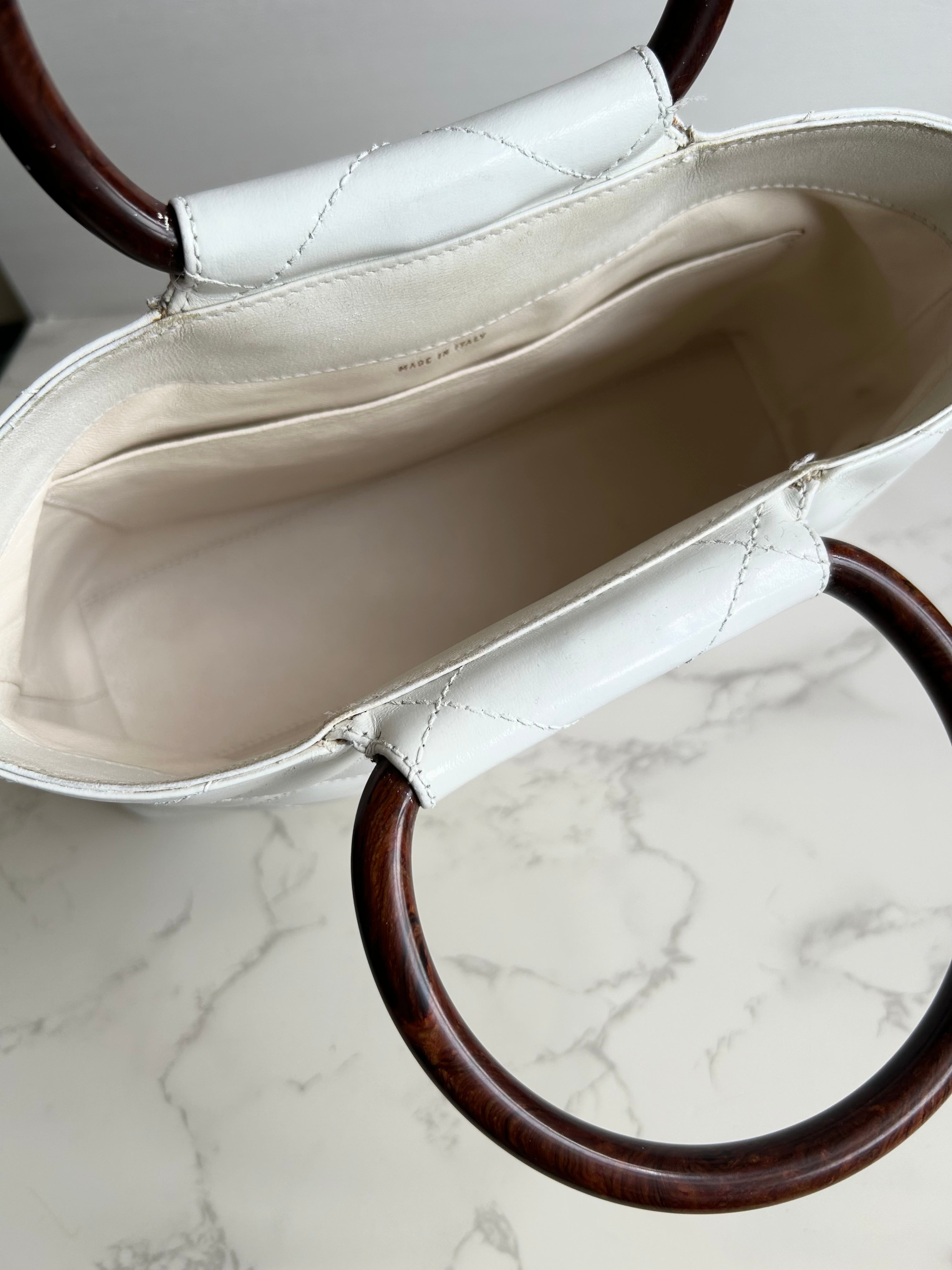 CHANEL rare white wood handle leather small tote bag / handbag