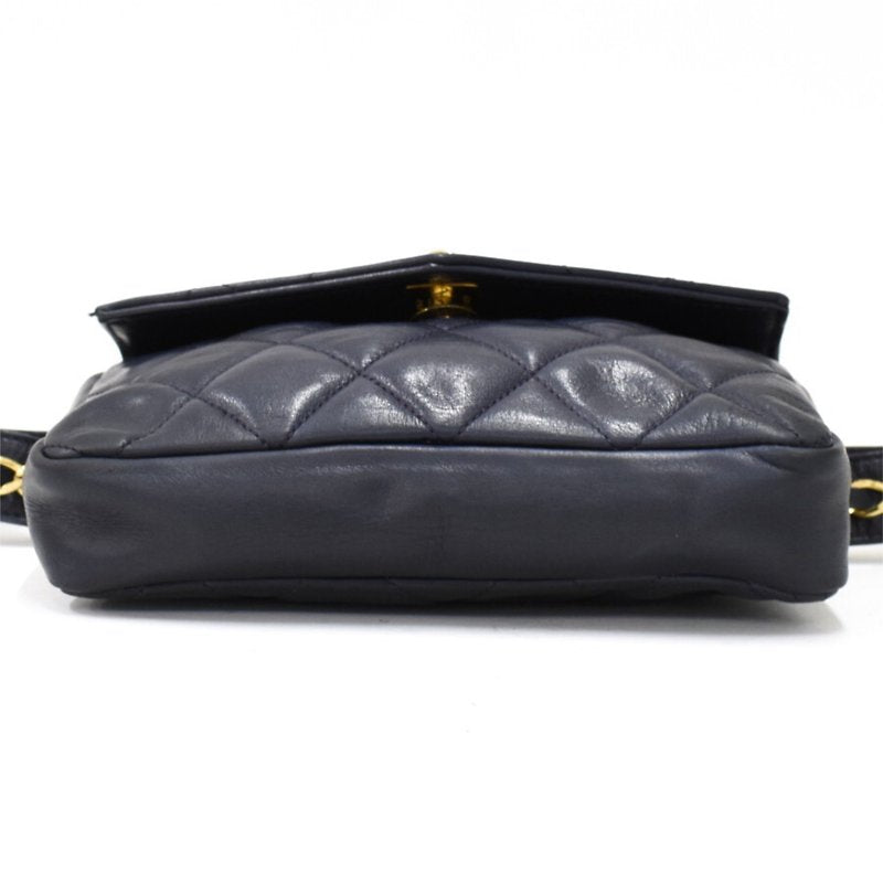 CHANEL rare black blue leather gold rotating buckle belt bag/side bag/clutch bag
