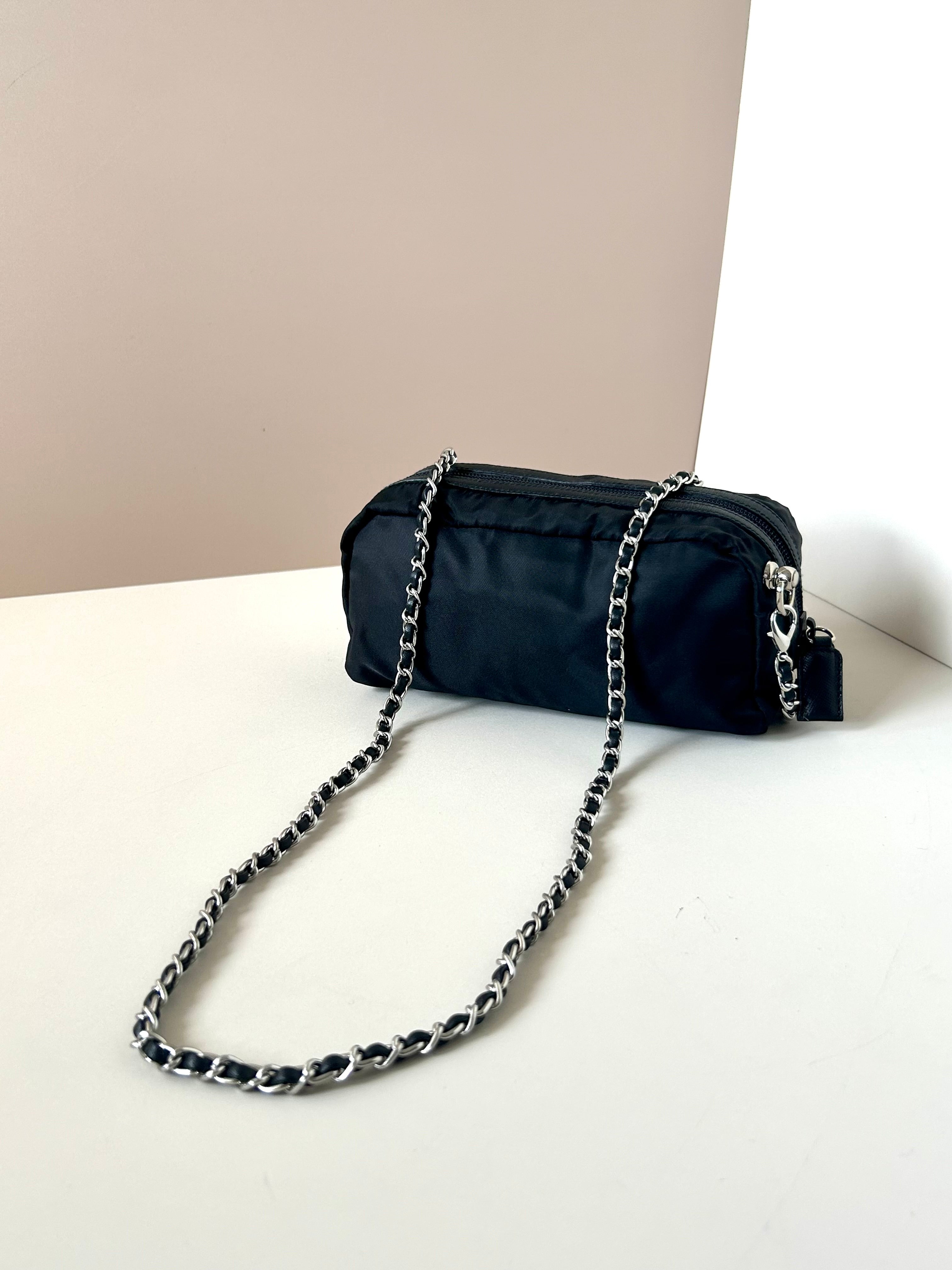 PRADA parachute black chain small bag/shoulder bag/side backpack