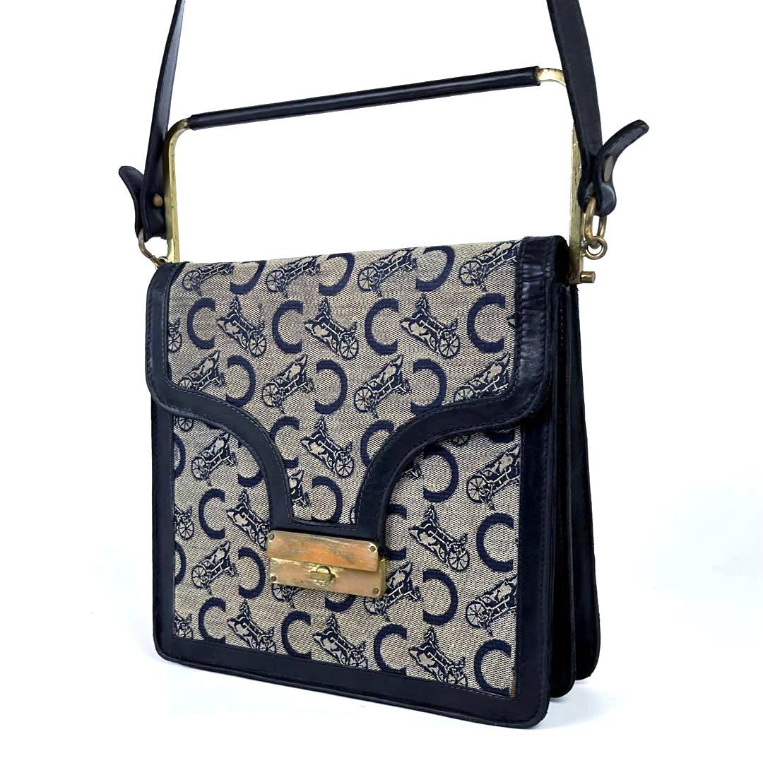 CELINE carriage gold buckle blue and black monogram side backpack/shoulder bag
