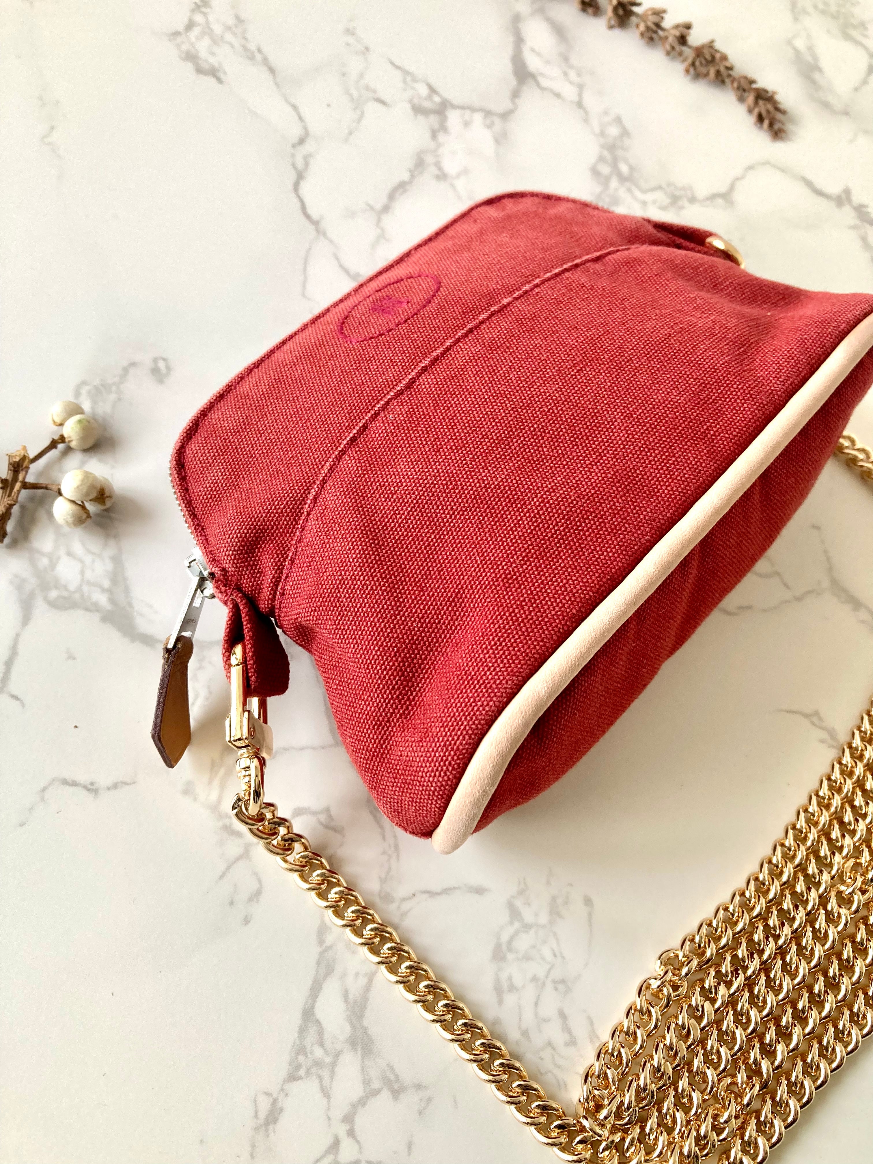 HERMES light red canvas leather with chain small bag/clutch bag/side bag/underarm bag