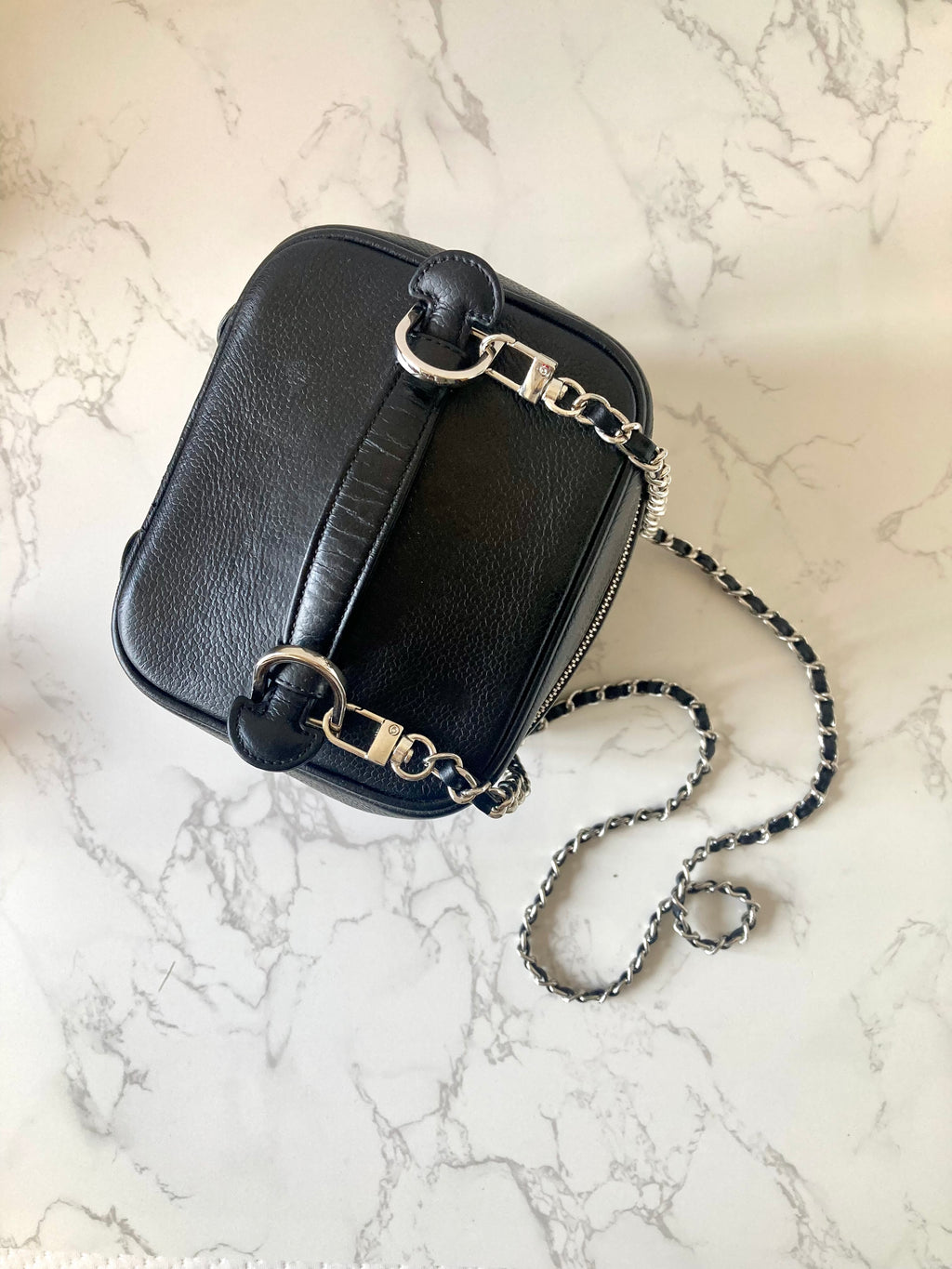 CHANEL Black Caviar Leather Vertical Vanity Case / Chain Crossbody Bag