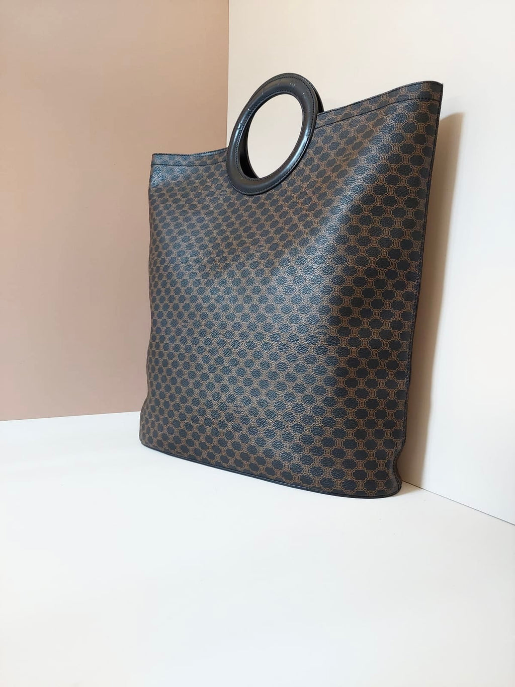 Celine large leather ring coffee color old flower tote bag / handbag